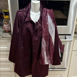 Elegant Maroon Belted Double-Breasted Trench Coat with matching Scarf